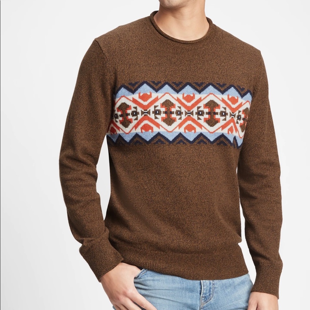Gap Mens‎ Fair Isle Crewneck Ski Sweater Pullover XL XXL Southwestern Brown NWT